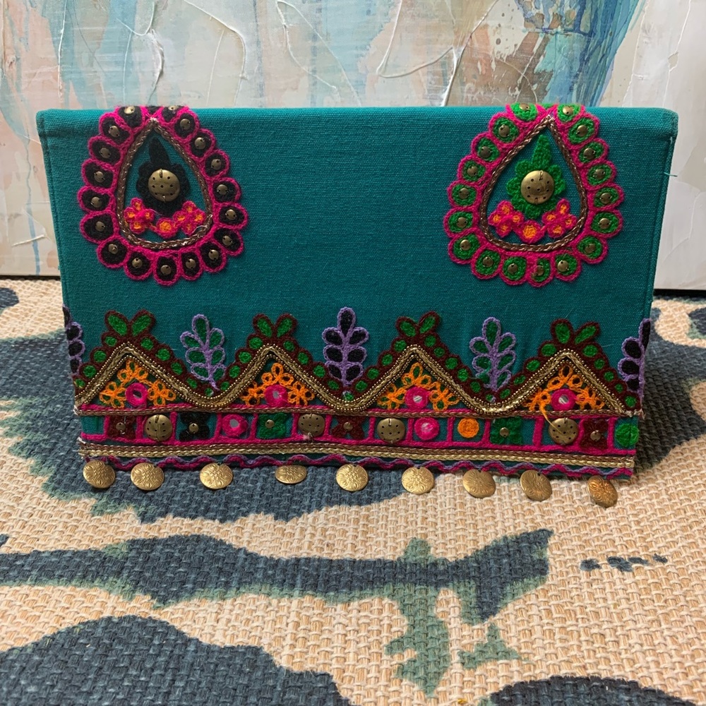 India Inspired Cotton Embroidery Clutch Bag
